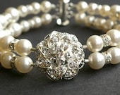Vintage Inspired Bridal Wedding Bracelet, Ivory White Pearl Wedding Bracelet, Rhinestone Flower Bridal Wedding Jewelry, Abigail
