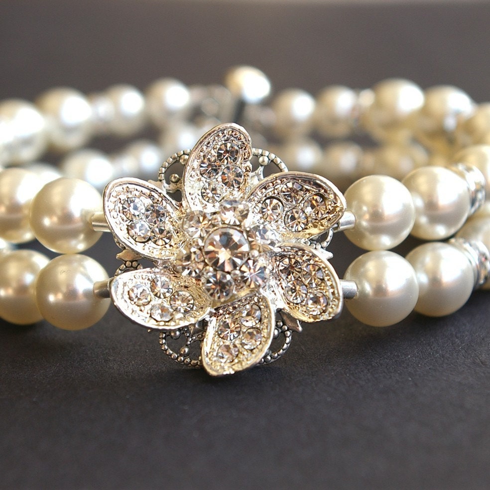 Crystal Bridal Bracelet, Vintage Style Bridal Wedding Bracelet, Rhinestone and Pearl Wedding Bridal Bracelet, Flower Bracelet Cuff, FELICE