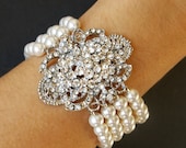 Pearl Bridal Bracelet, Victorian Style Wedding Bracelet, Art Deco Crystal Bracelet Cuff, Vintage Style Pearl & Rhinestone Bracelet, DUCHESS