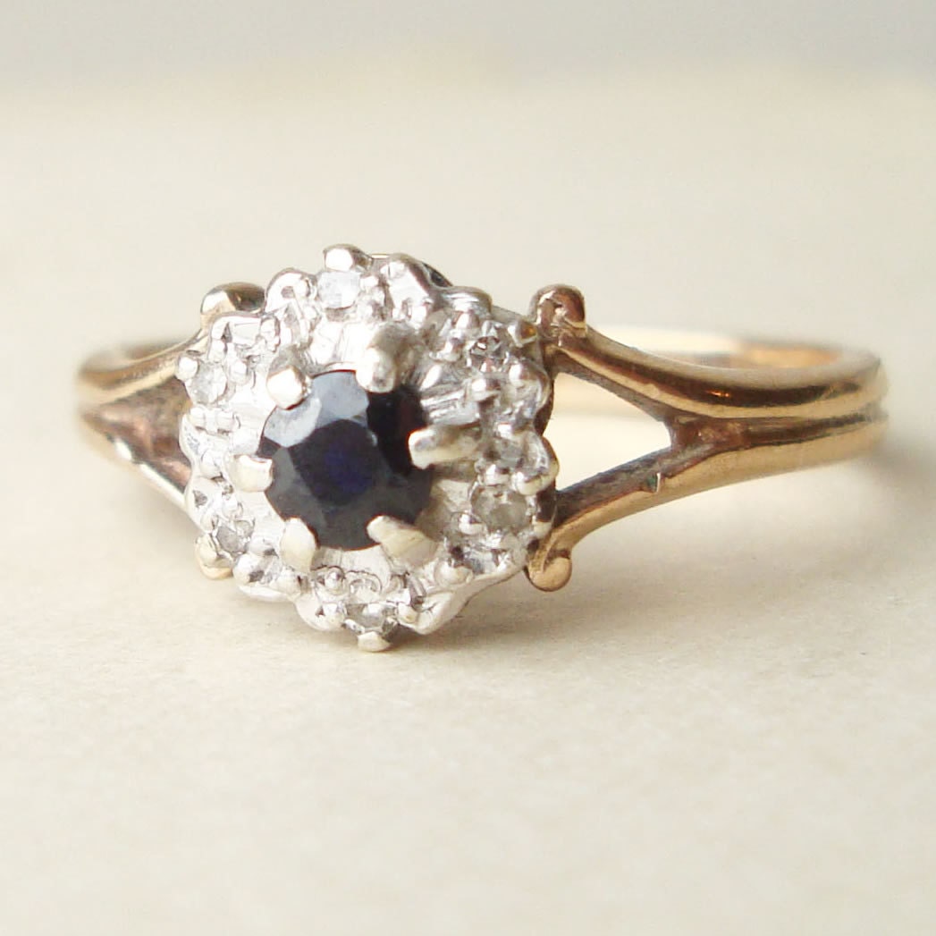 Vintage Sapphire Engagement Ring, Diamond Ring, 9k Gold Ring Size Approx. US 7.5 / 7.75