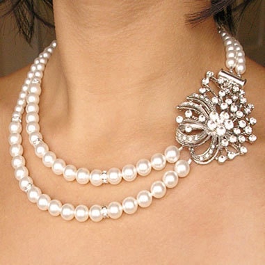 Vintage Bridal Jewelry, Rhinestone & Pearl Wedding Necklace, Wedding Jewelry, Crystal Bridal Necklace, SABRINA
