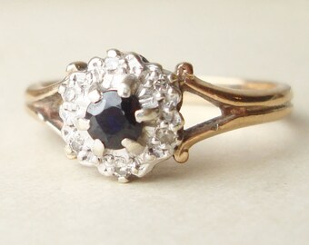Vintage Sapphire Engagement Ring, Diamond Ring, 9k Gold Ring Size Approx. US 7.5 / 7.75