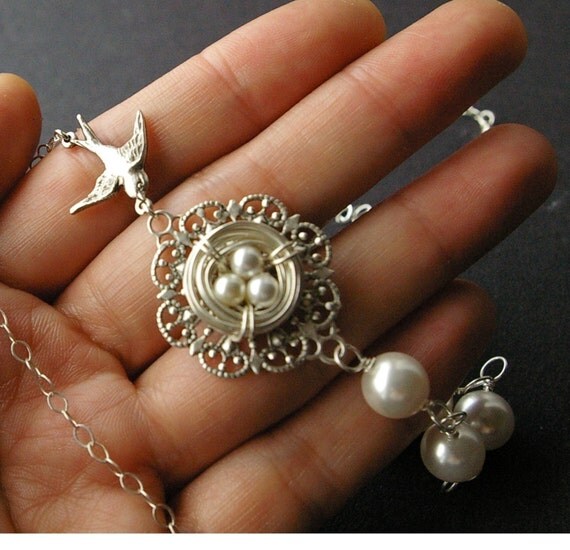 Pearl Birds Nest Bridal Necklace, Sterling Silver Nest, Bridal Jewelry, Wedding Necklace, Ivory White Pearl Wedding Jewelry, PRECIOUS NEST