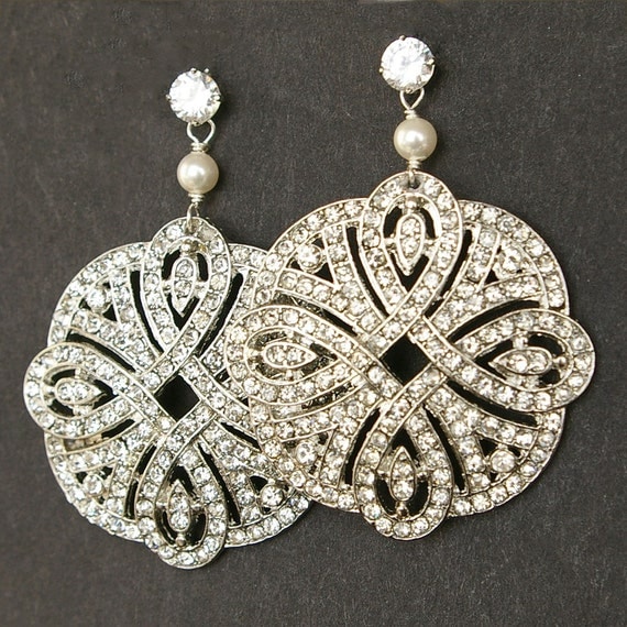 Art Deco Style Filigree Bridal Earrings, Vintage Style Rhinestone Wedding Earrings, Statement Bridal Jewelry, Sterling Silver Studs, ARDEN