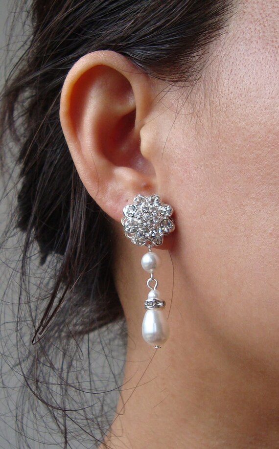 Crystal and Pearl Bridal Earrings, Rhinestone Flower Bridal Earrings, Wedding Jewelry, Lisette Collection