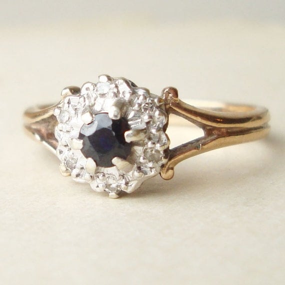 Vintage Sapphire Engagement Ring, Diamond Ring, 9k Gold Ring Size Approx. US 7.5 / 7.75