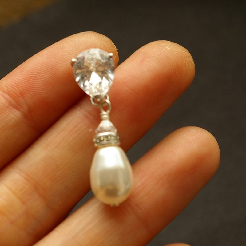 Pearl & Rhinestone Bridal Earrings, STERLING SILVER Earrings, Cubic Zirconia Earrings, Ivory White Pearl Earrings, Large version, CLASSIC
