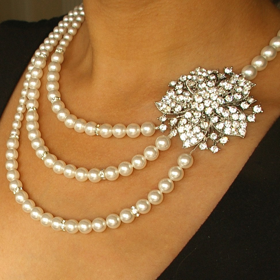 Statement Wedding Jewelry, Rhinestone Bridal Necklace, Pearl Wedding Necklace, Ivory White Pearl Jewelry, Rhinestone Flower Necklace, MISCHA