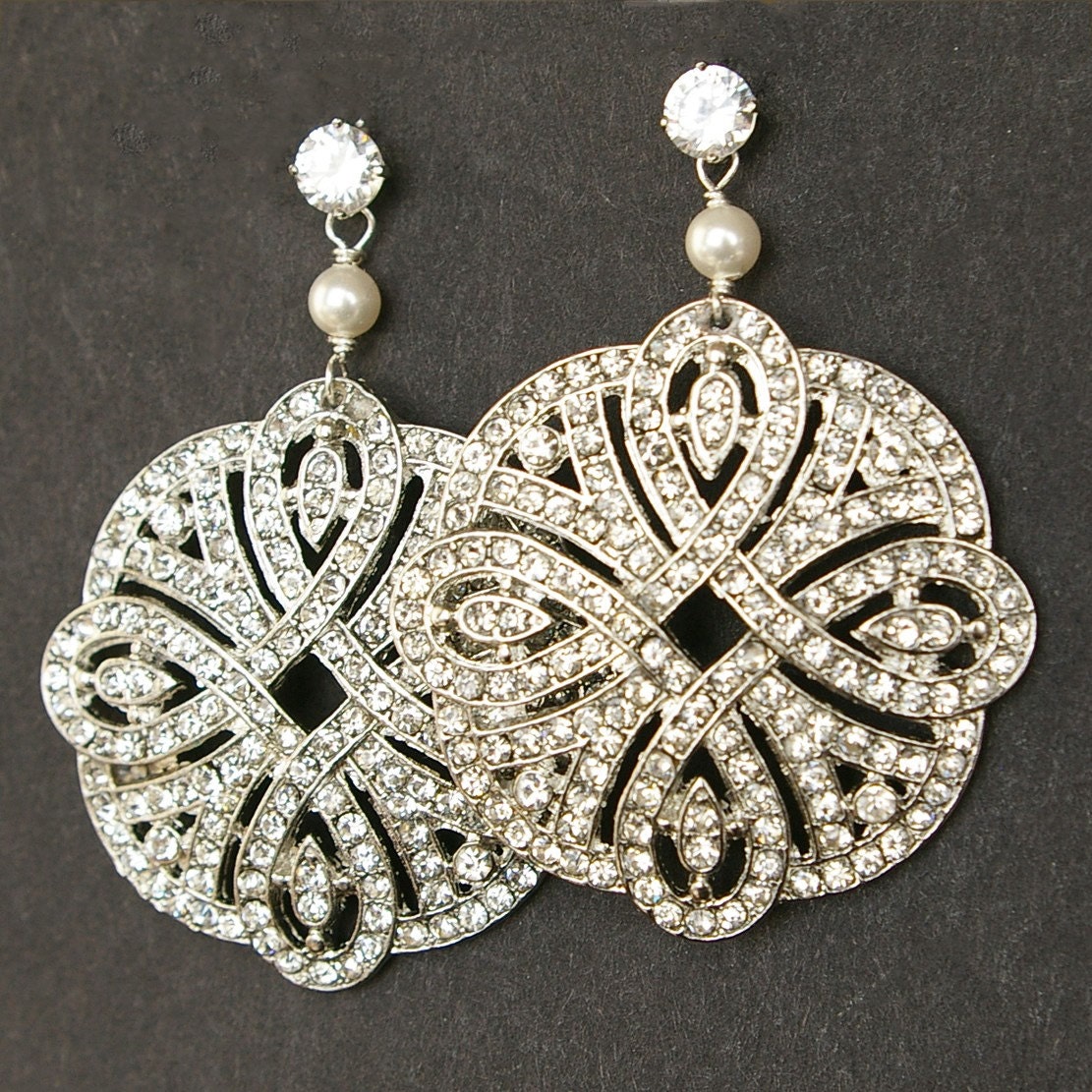 Art Deco Style Filigree Bridal Earrings, Vintage Style Rhinestone Wedding Earrings, Statement Bridal Jewelry, Sterling Silver Studs, ARDEN