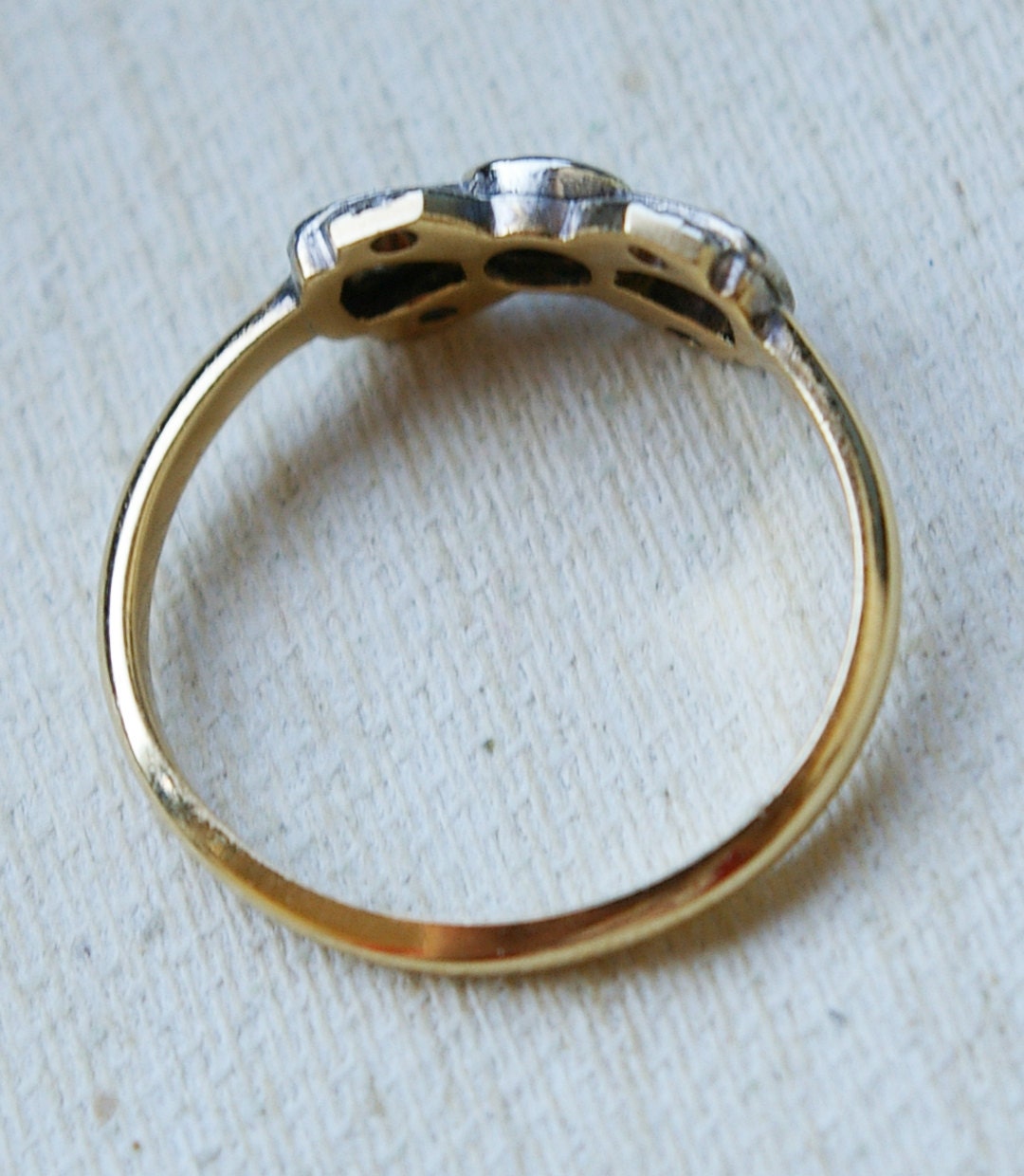 1920's Platinum, Diamond & 18k Gold Ribbon Bow Ring Size US 6
