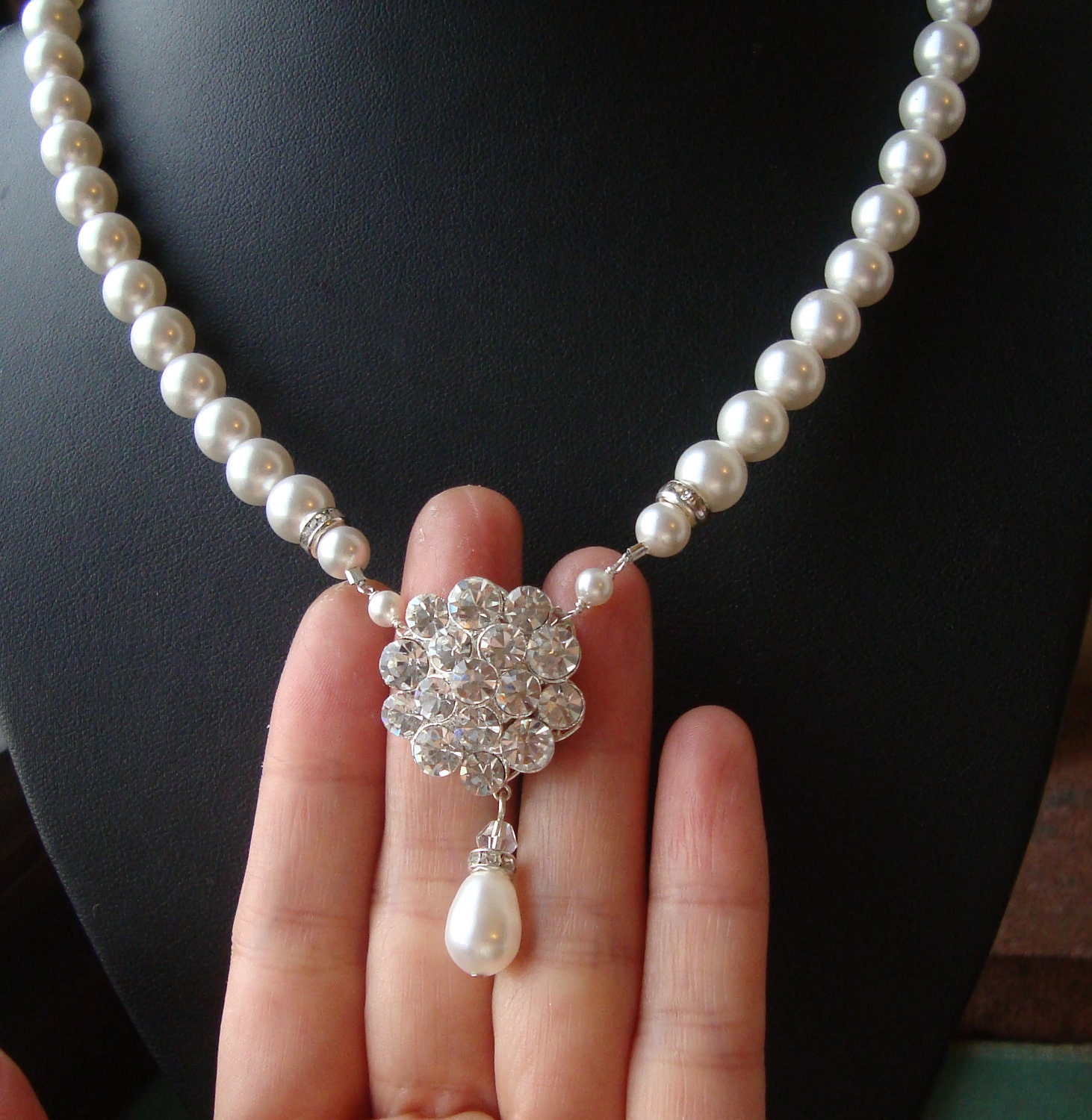 Bridal Pearl Necklace, Vintage Style Wedding Necklace, Rhinestone Bridal Jewelry, Silver Wedding Jewelry, ELIZABETH