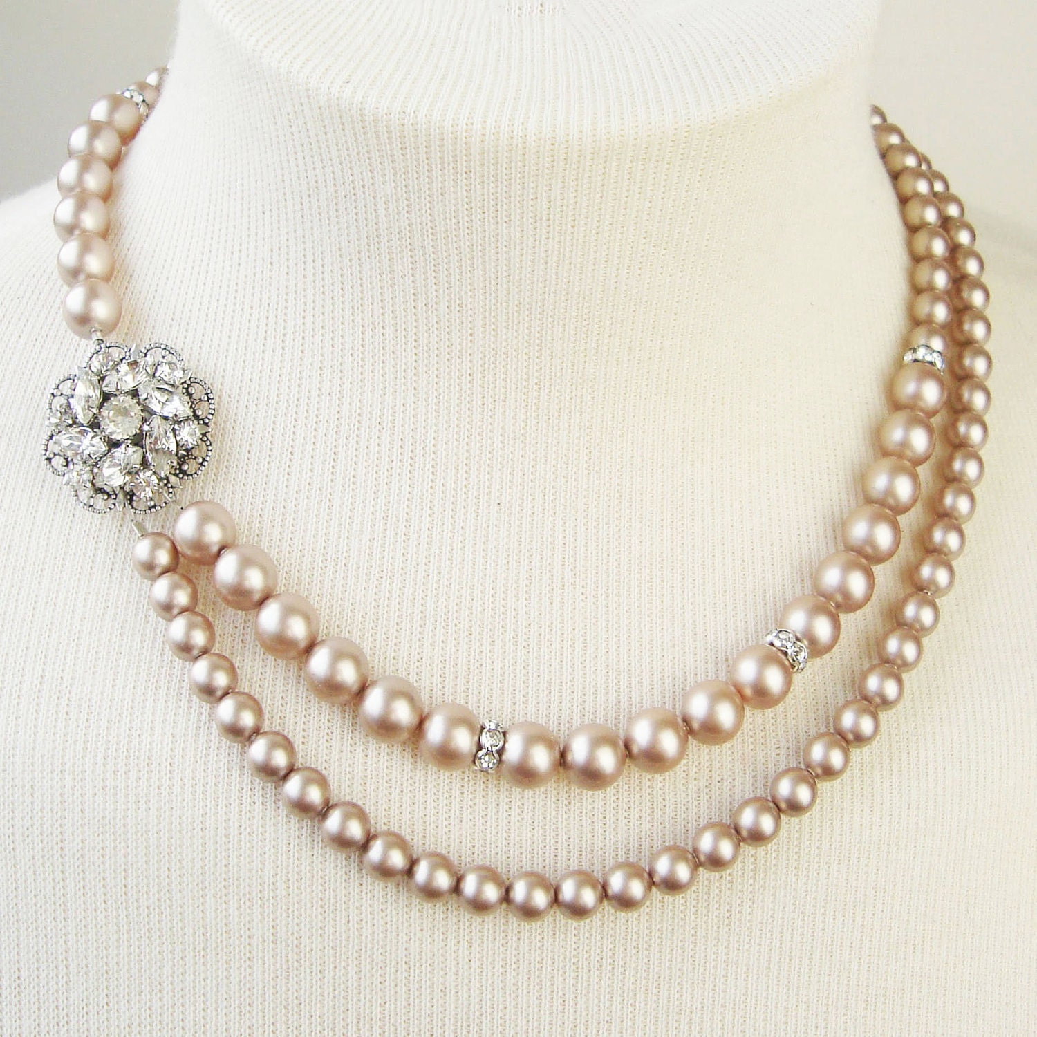 Champagne Pearl Bridal Necklace, Champagne Wedding Necklace, Vintage Style Bridal Jewelry, Silver Wedding Jewelry, CELINE