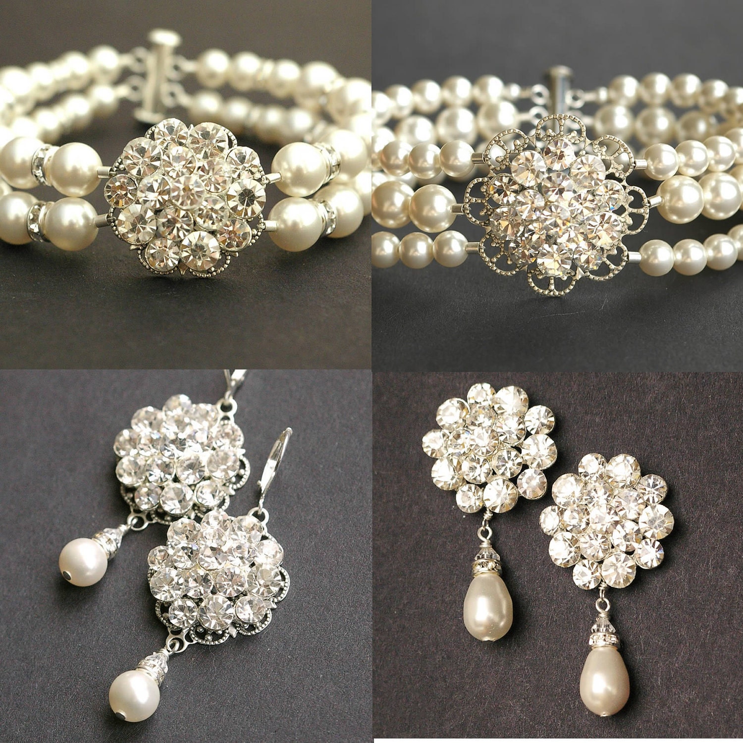 Bridal Pearl Necklace, Vintage Style Wedding Necklace, Rhinestone Bridal Jewelry, Silver Wedding Jewelry, ELIZABETH