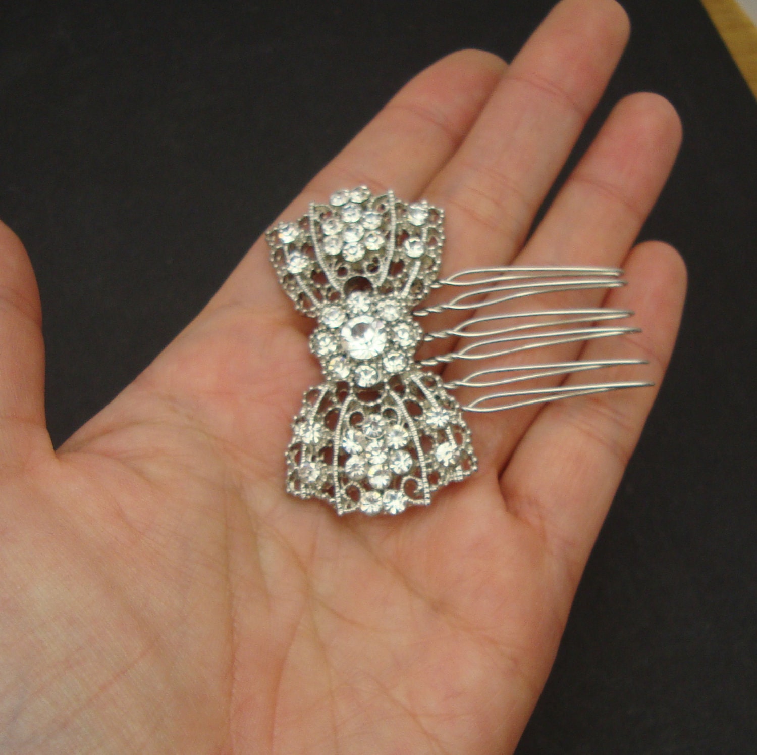Vintage Bridal Hair Comb, Art Deco Bow Hair Comb, Old Hollywood Rhinestone Comb, Tiffany Inspired, Wedding Hair Accessory, BETSY