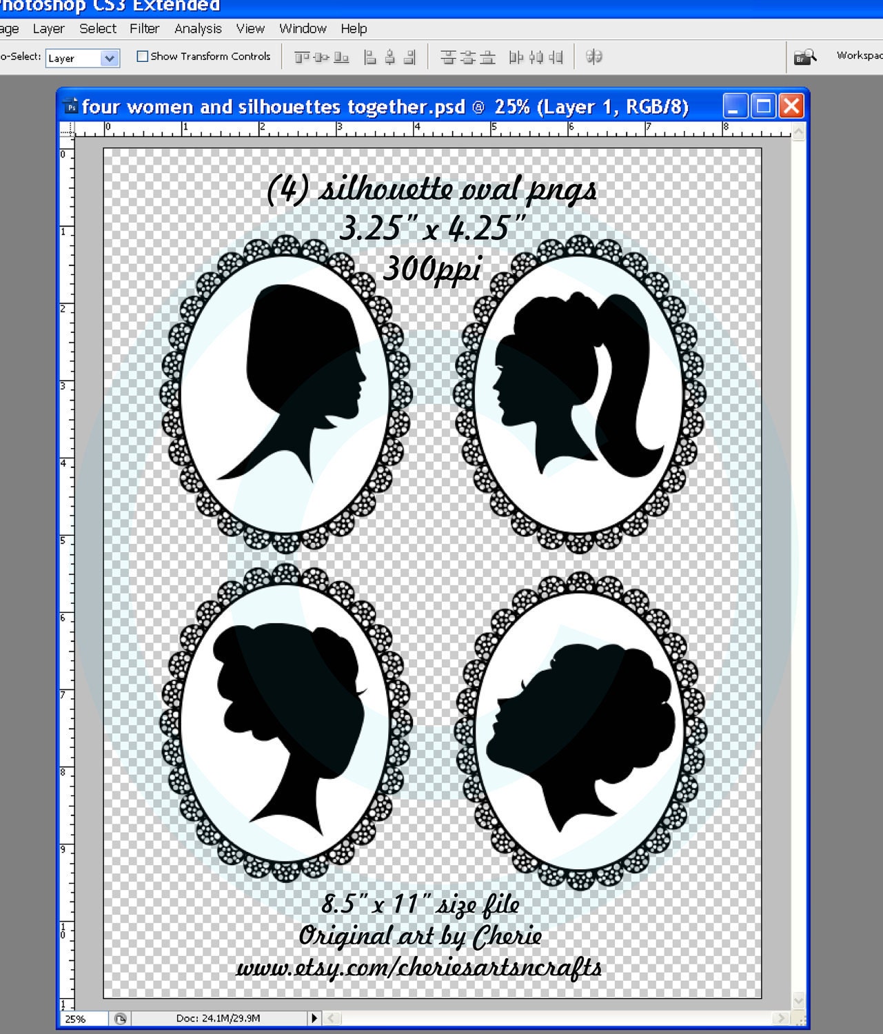 Silhouettes, Ladies in Ovals, Digital File, PNG Graphic Images, Downloadable Art Original Clip Art Package