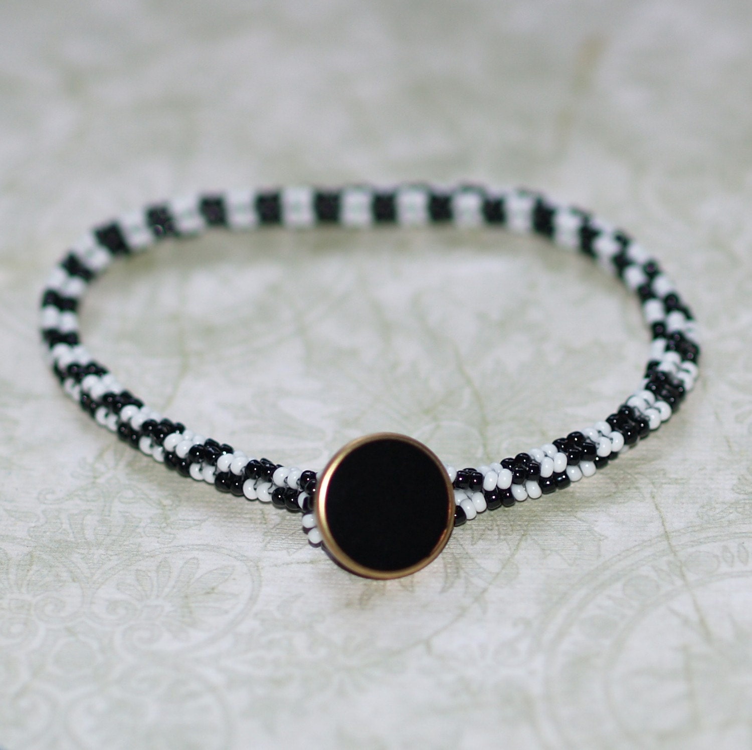 Button It ... Bracelet . Black and White . Checkerboard . Beadwoven . Vintage Button . Funky . Cool . Mod . Seed Beads . Fun . Cute . Skinny