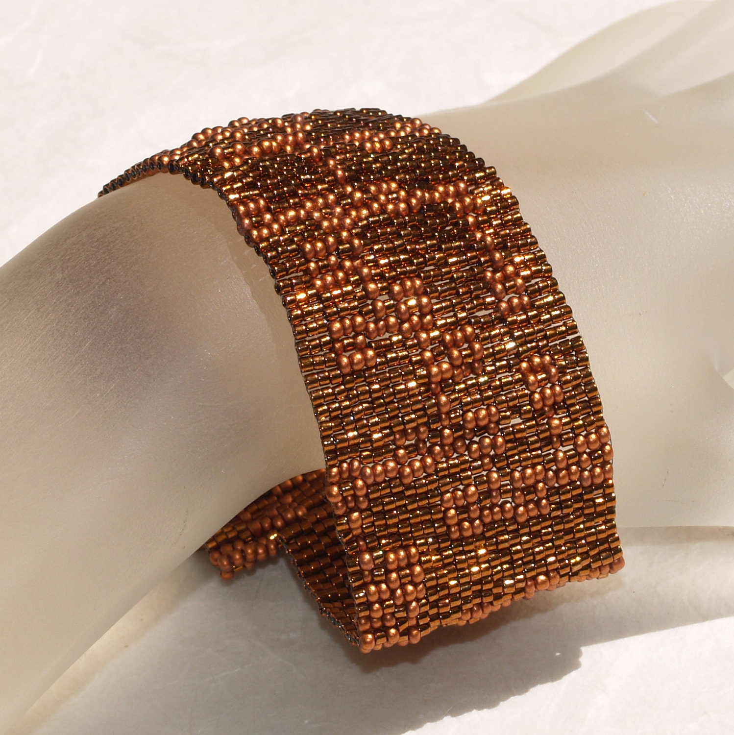 Copper Circuitry ... Peyote Bracelet . Metallic . Monochromatic . Beadwoven Cuff . Matte . Shiny . Geekery . Geometric . Squares . Textural
