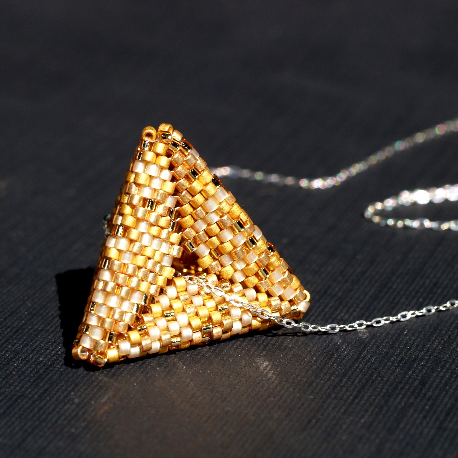 Golden Pyramid ... Pendant . Necklace . Sterling Silver Chain . Geometric . Peyote Triangle . Metallic . Sparkle . 22k Gold Beads