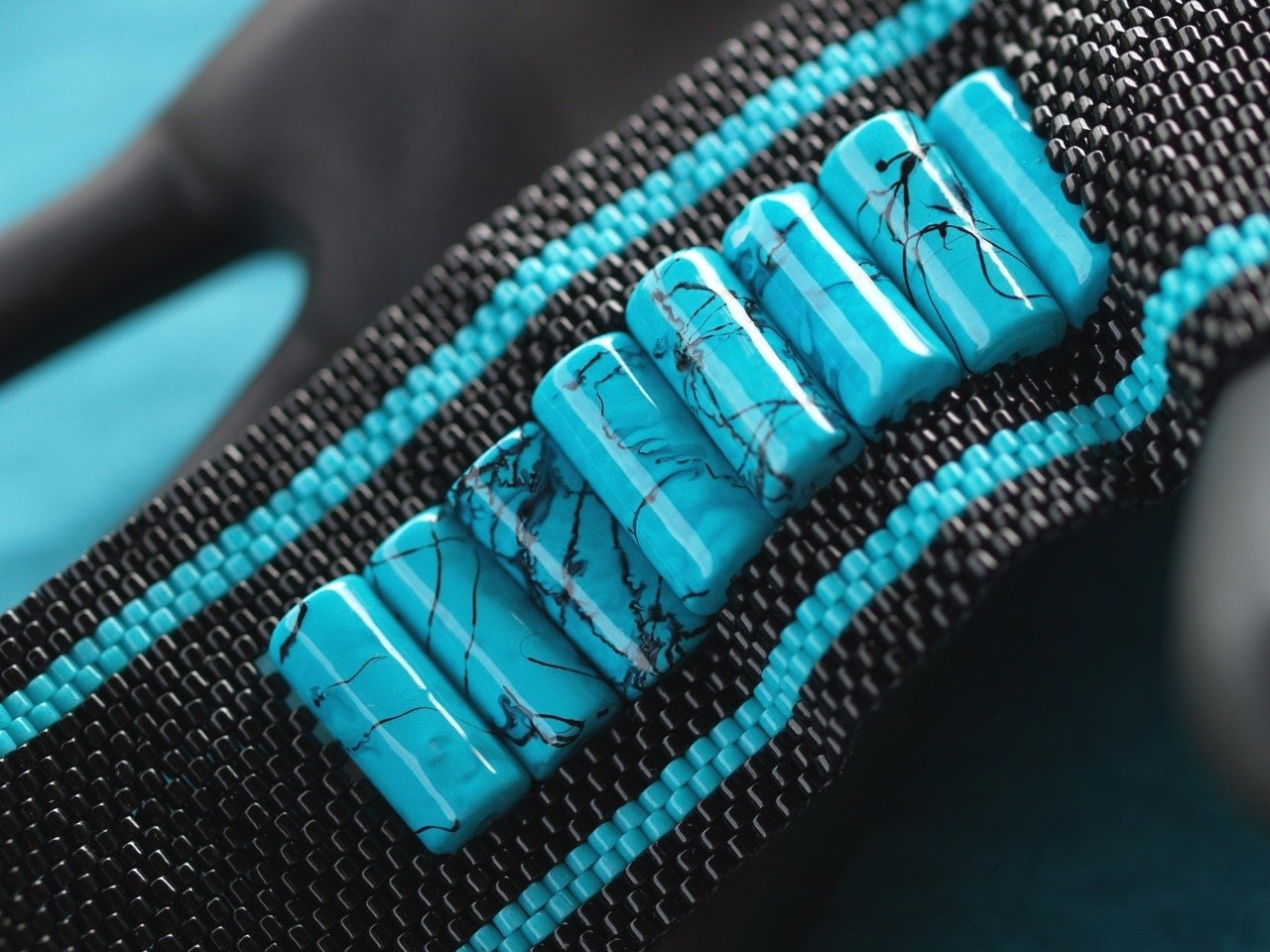 Black and Blue ... Peyote Bracelet . Beadwoven Cuff . Turquoise Blue . Paint Spatter . Bold Accessory . Modern . One of a Kind