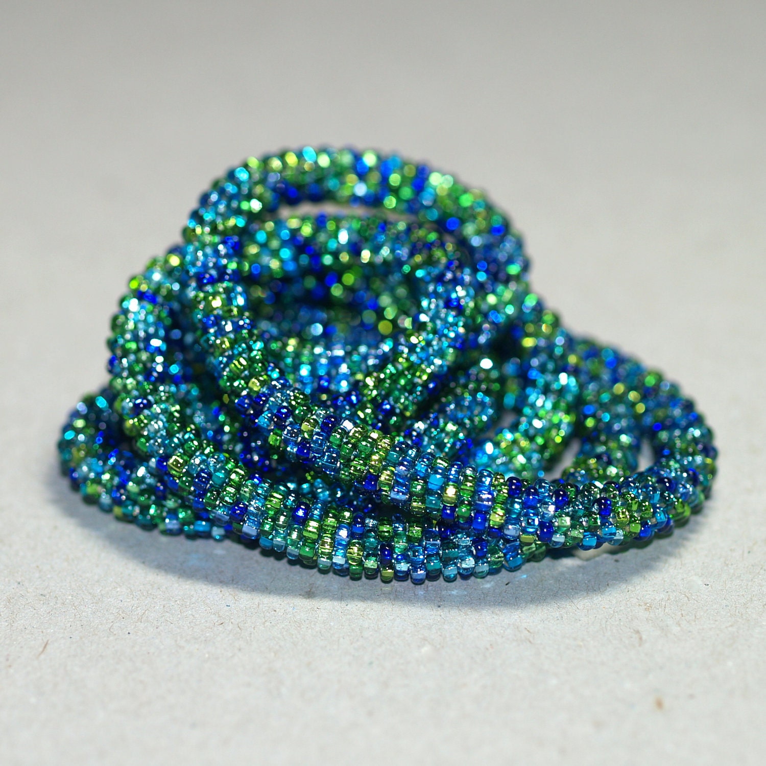 Seven Seas ... Bead Crochet Rope . Necklace . Bracelet . Bold . Blues . Greens . Silver Lined . Shiny . Chunky