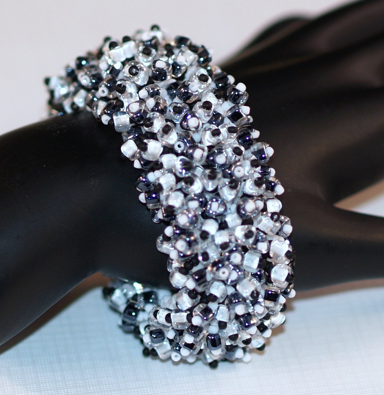 Bennie ... Caterpillar Bracelet . Handmade Jewelry . Black and White . Beadwoven . Fringed . Bold . Lush . Fashion Statement . Stunning