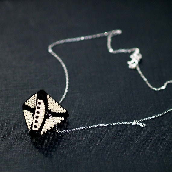 Black and Tan Pyramid ... Pendant . Necklace . Beadwoven . Sterling Silver Chain . Geometric . Triangles . Sand . Jet . Matte . Modern