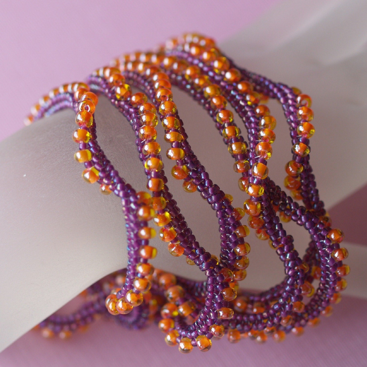 Aglaia ... Necklace . Earrings . Beadweaving . Ndebele Rope . Twisted . Versatile . Magenta . Orange