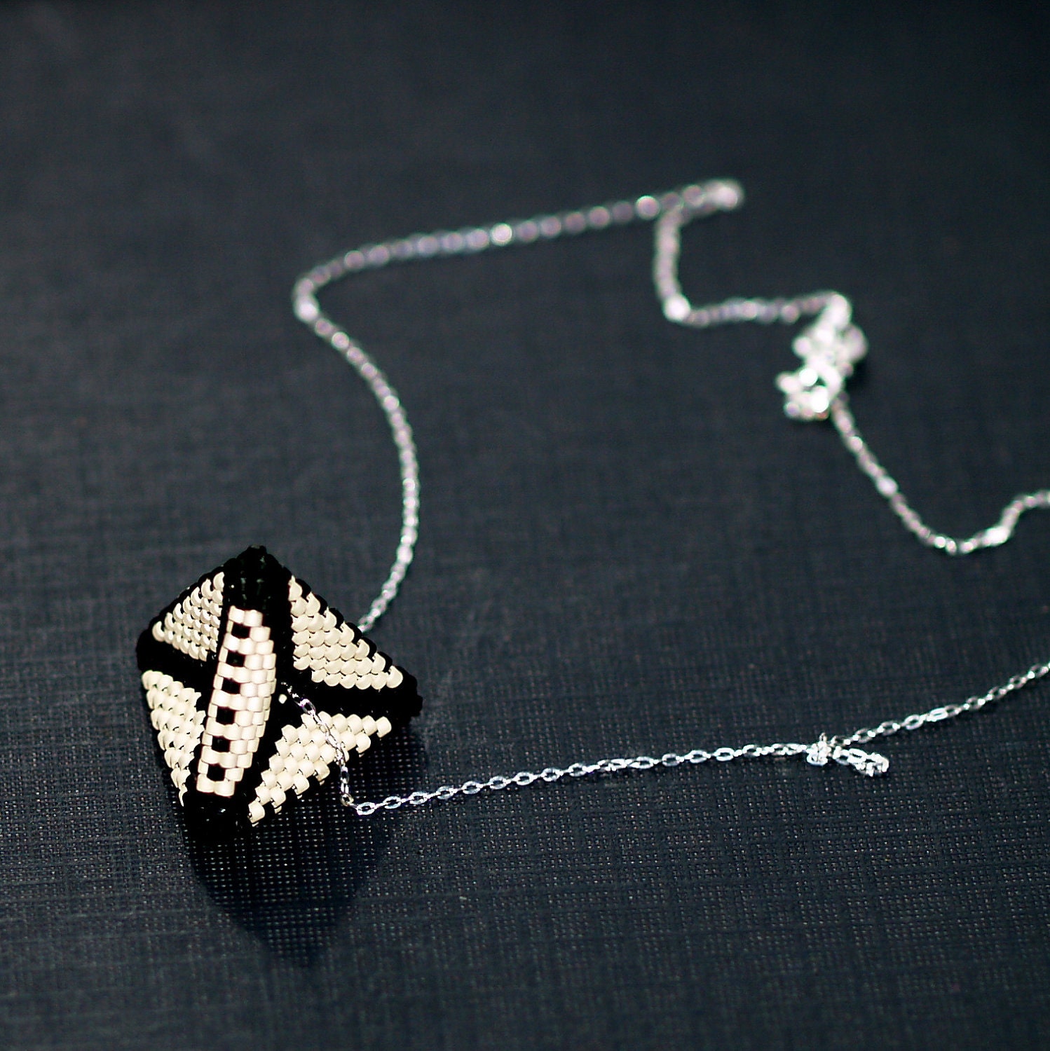 Black and Tan Pyramid ... Pendant . Necklace . Beadwoven . Sterling Silver Chain . Geometric . Triangles . Sand . Jet . Matte . Modern