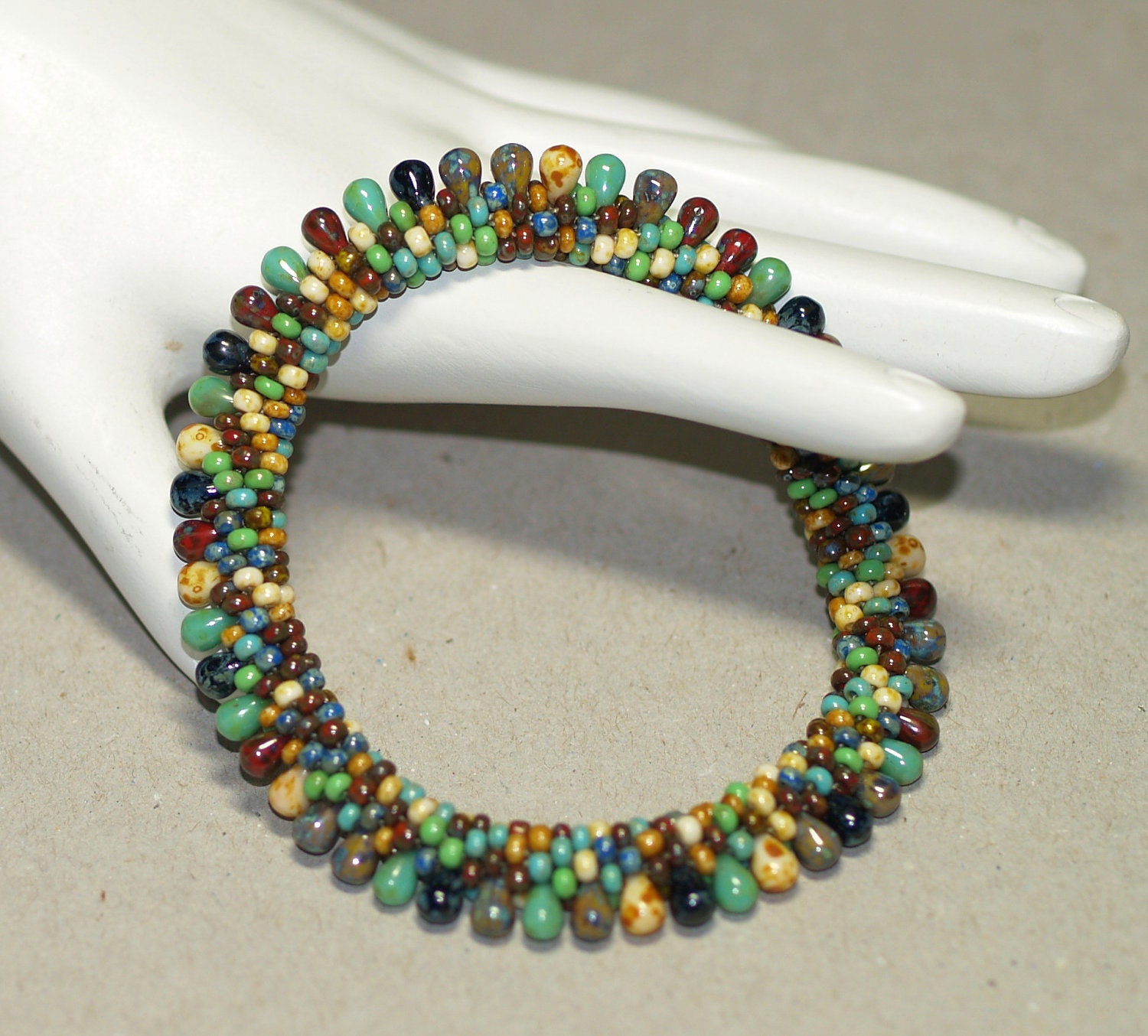 Picasso Fringe ... Bracelet . Bead Crochet . Bangle . Multicolor . Earthy Colors . Drop Beads . Mottled . Turquoise . Rust . Caramel . Apple