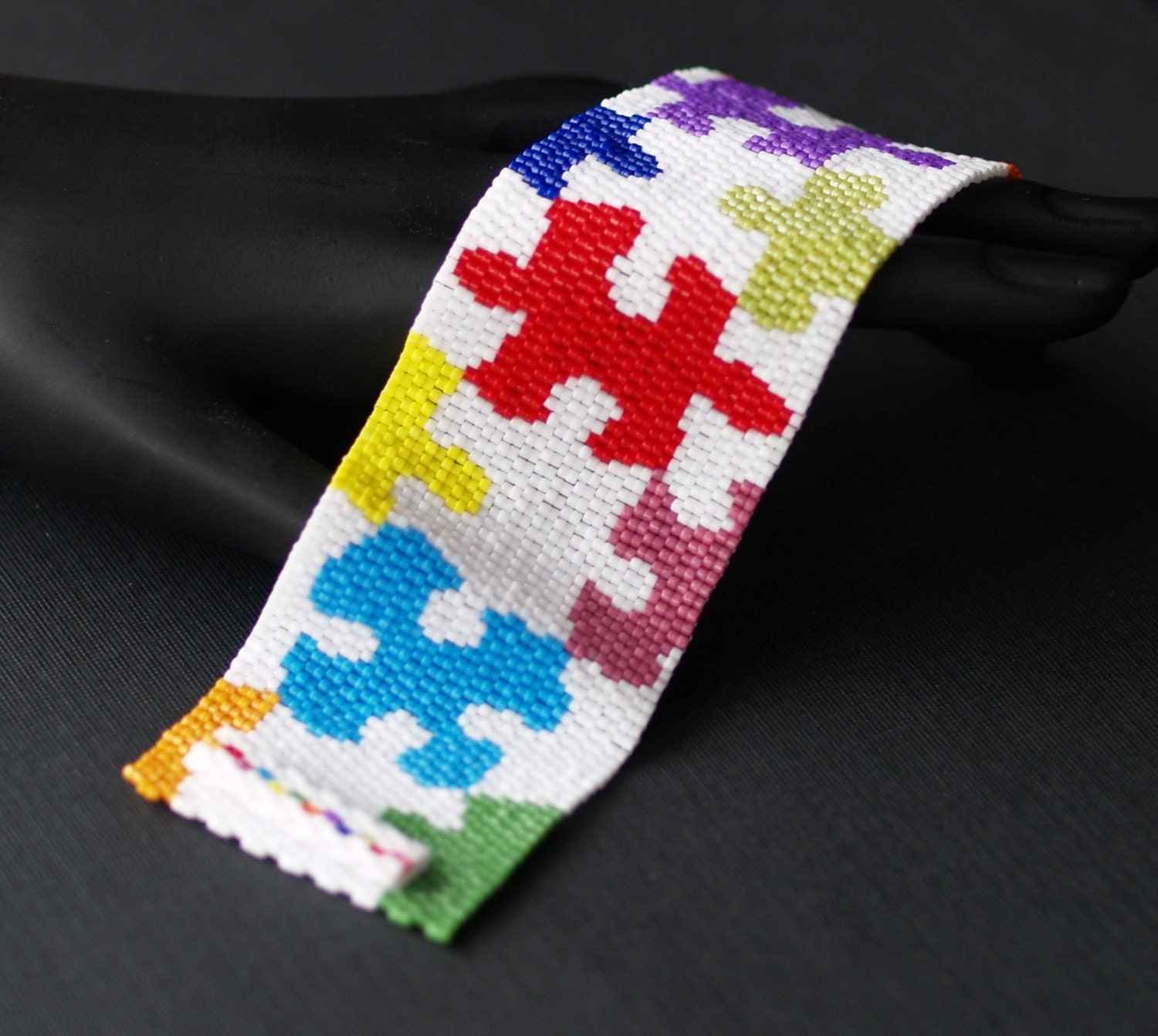 Multicolor Puzzle ... Peyote Cuff . Beadwoven Bracelet . Jigsaw Puzzle . Wide . Colorful . Multicolor . Rainbow . Autism Awareness