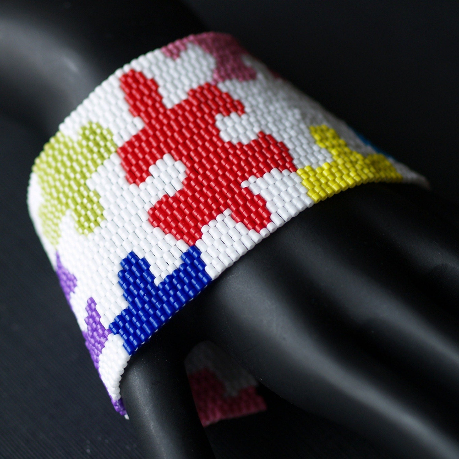 Multicolor Puzzle ... Peyote Cuff . Beadwoven Bracelet . Jigsaw Puzzle . Wide . Colorful . Multicolor . Rainbow . Autism Awareness