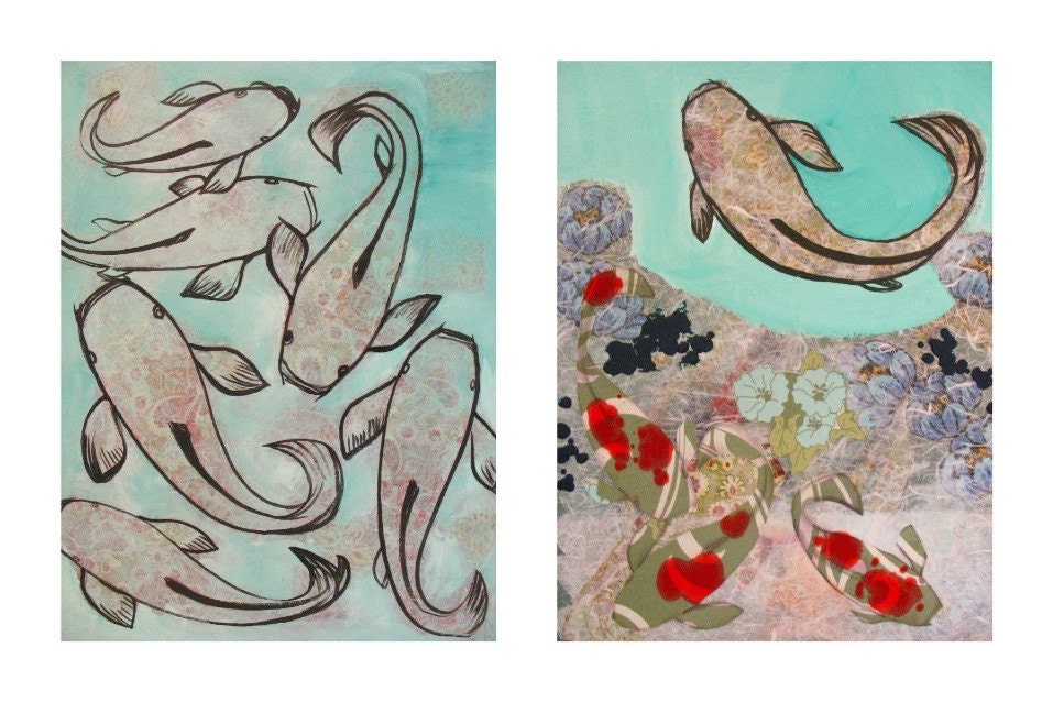Original Paintings Diptych KOI Mixed Media Abstract Art by Aisyah Ang size 30 x48 inches with cert