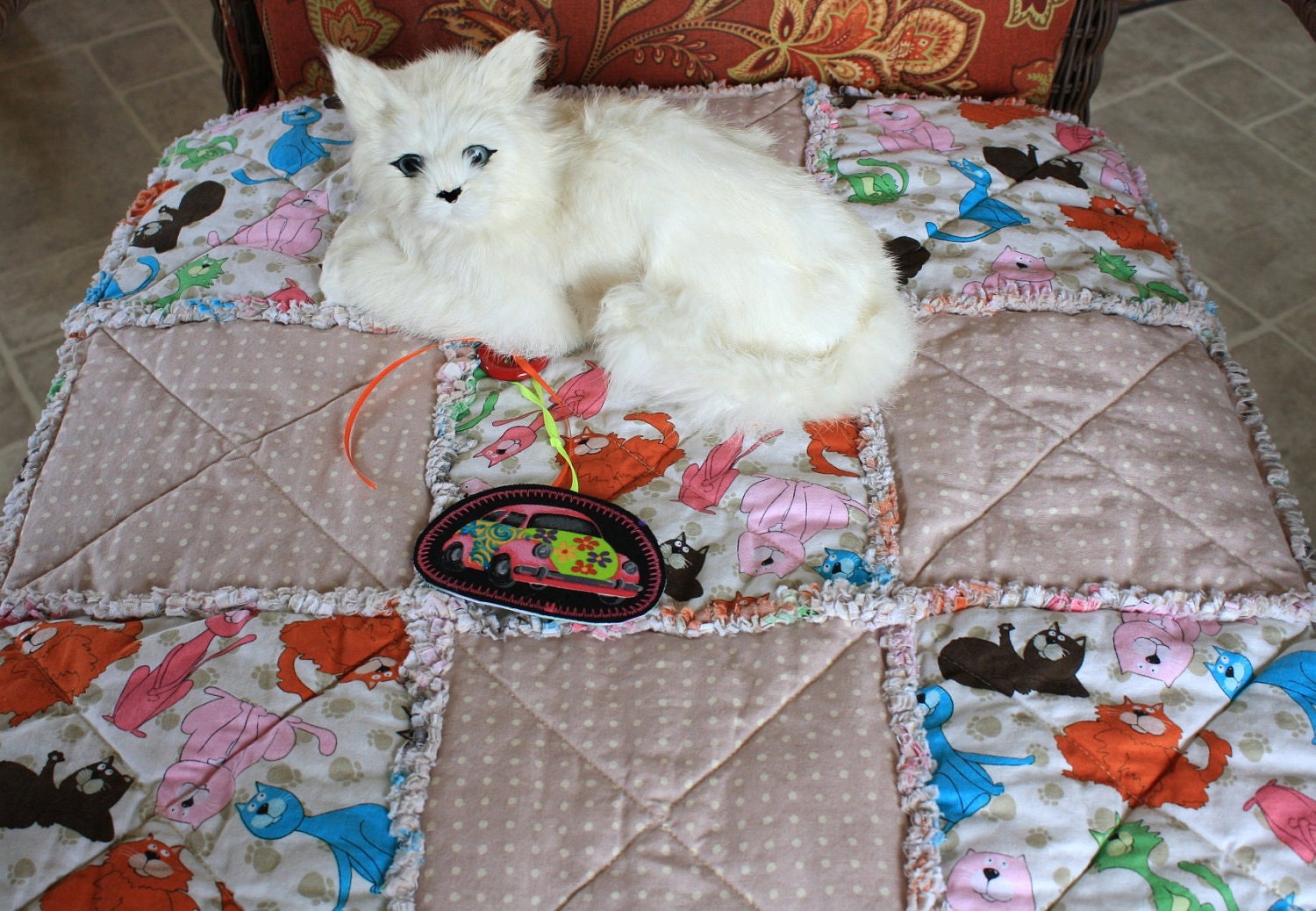 Cat Bed In Tan and Cream Polka Dots With Crazy Cats