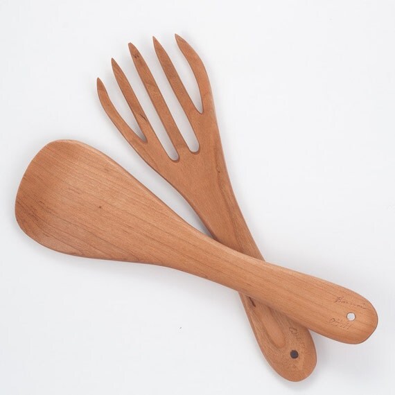 Kitchen Utensil Set Salad Servers by Baerreis Hand Carved Set- unstained Natural Cherry - Signed
