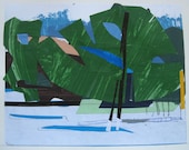 Original Landscape Collage Painting on Paper, Remembering February