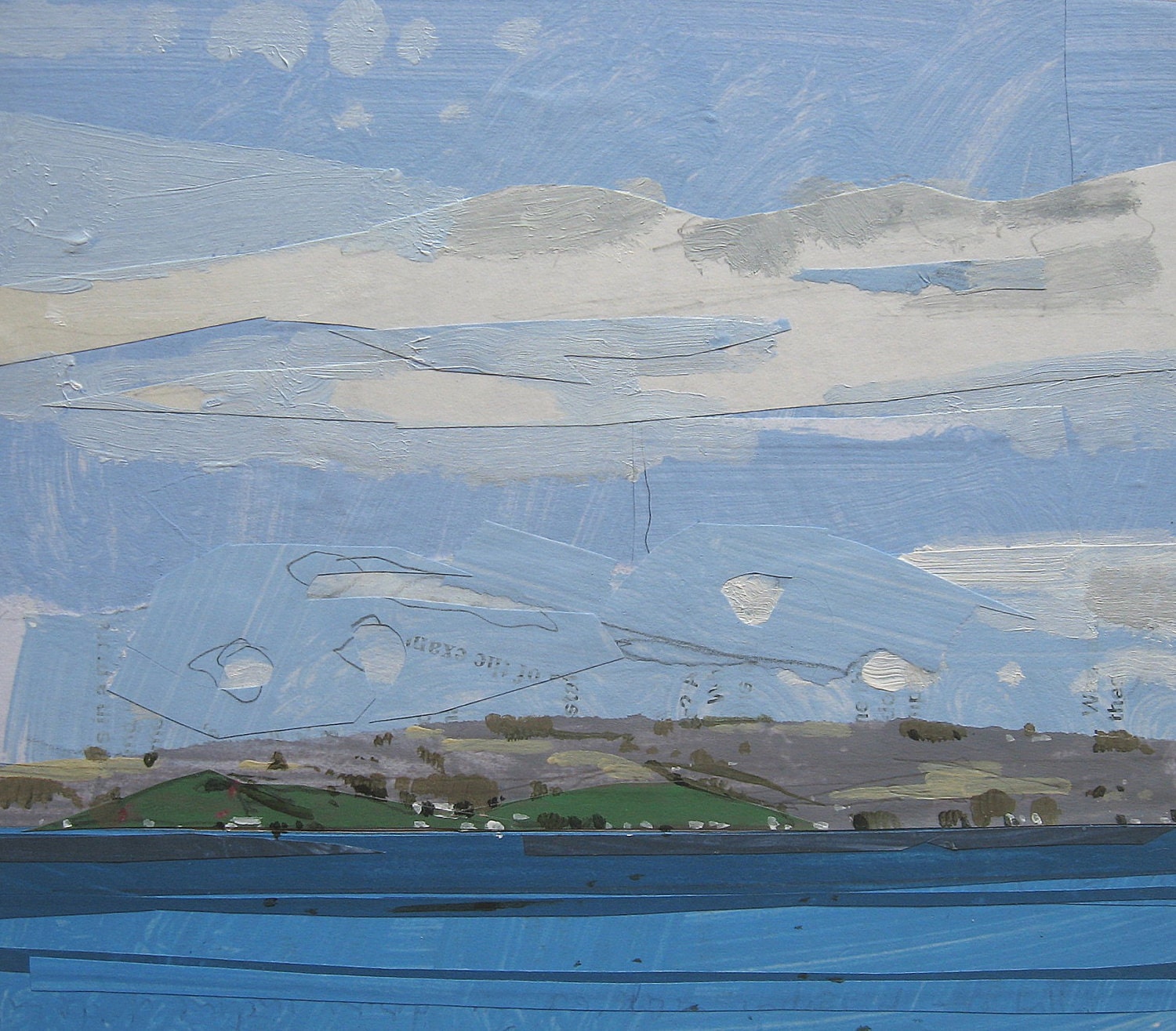 July, Rice Lake, Original Landscape Collage Painting on Pine Panel