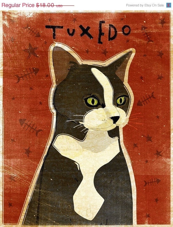 ON SALE 25% OFF Tuxedo Cat Art Print 8 in x 10 in