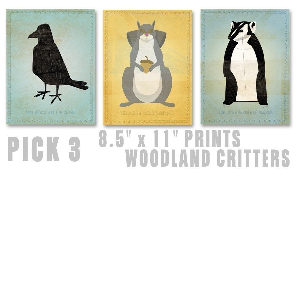 Cute Animal Art Woodland Nursery Prints - Woodland Critters Series Set of 3 Prints 8.5 in x 11 in Art for Kids Room - Seen on the Ellen Show