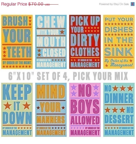 ON SALE 25% OFF Art for Kids Room - By Order of The Management Set of 4 Prints - Pick your Mix - 6 in x 10 in