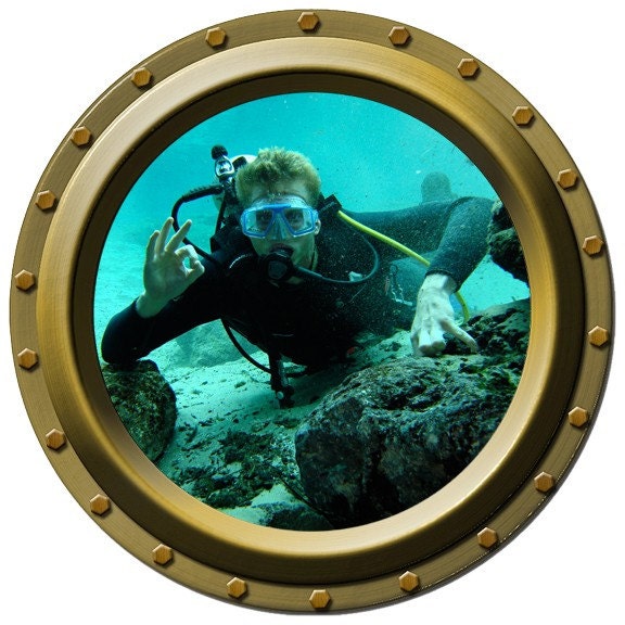 Scuba Diver Looking In Porthole Wall Decal