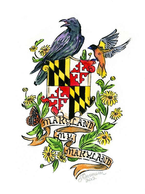 Maryland My Maryland with flag, raven and oriole, Maryland tattoo series, Large