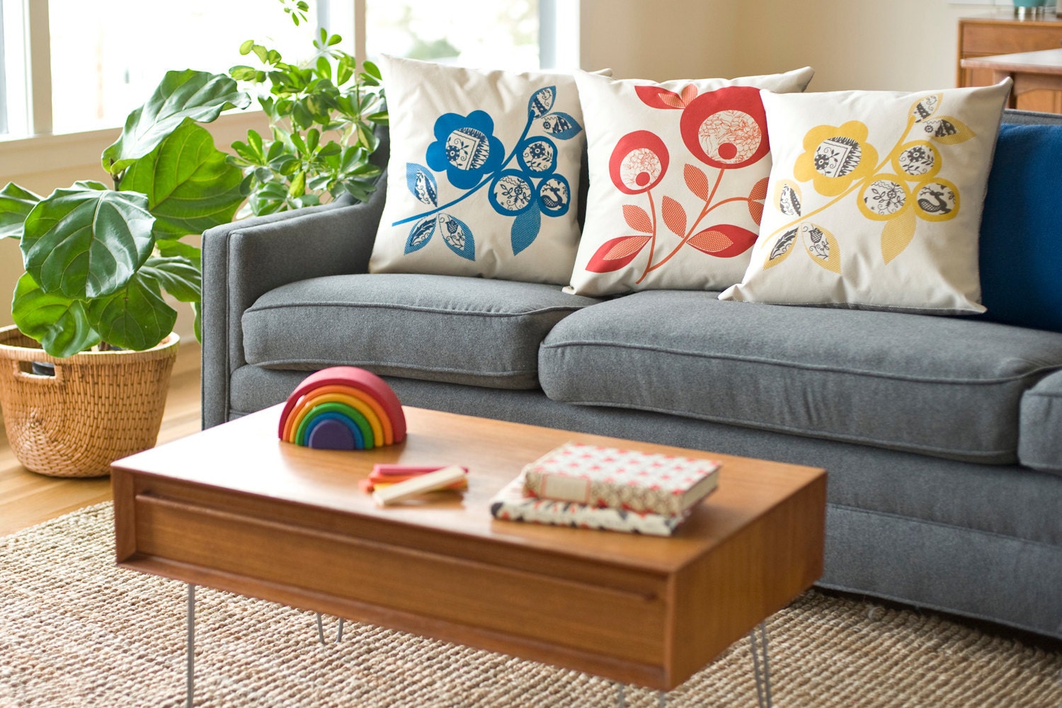 Hand Printed Cotton Canvas Pillows, Lollipop Flowers, Cobalt and Navy