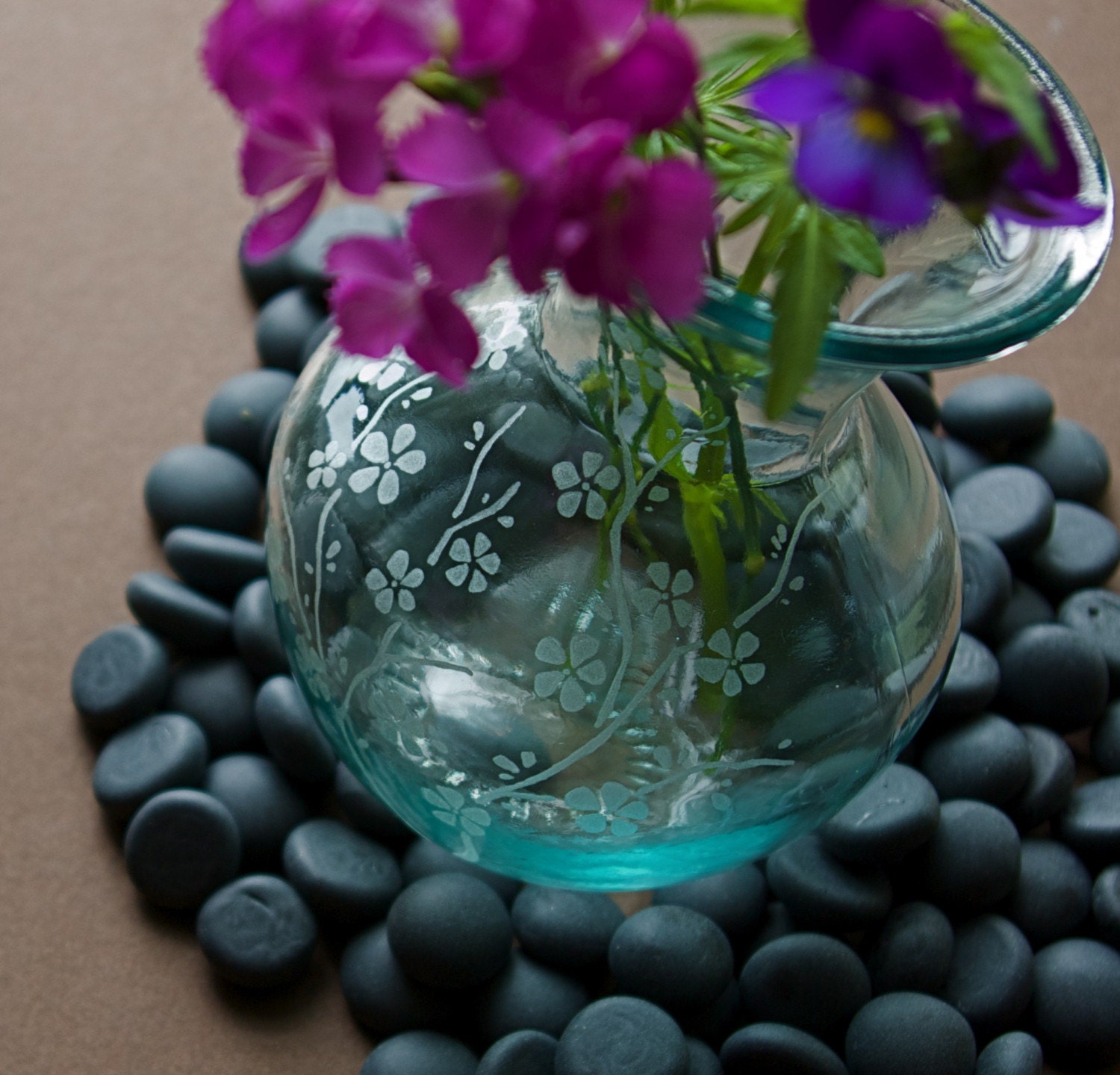 Cherry Blossom Vase - Freehand Etched on Reclaimed Glass