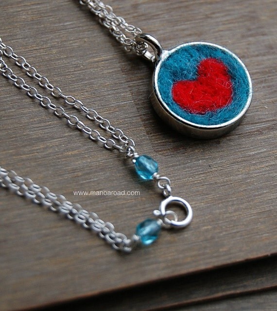 Nested Heart Necklace - Needlefelted Wool, Sterling Silver