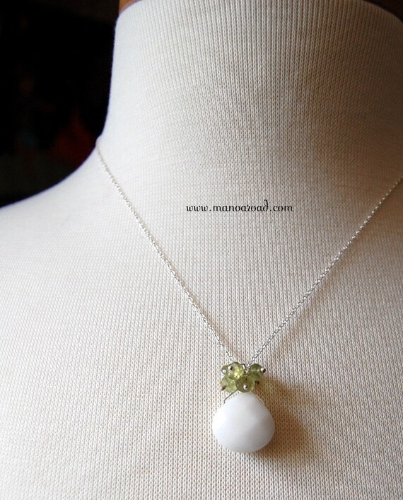 Serenity Necklace - White Jade Briolette Pendant, Green Garnet, Sterling Silver