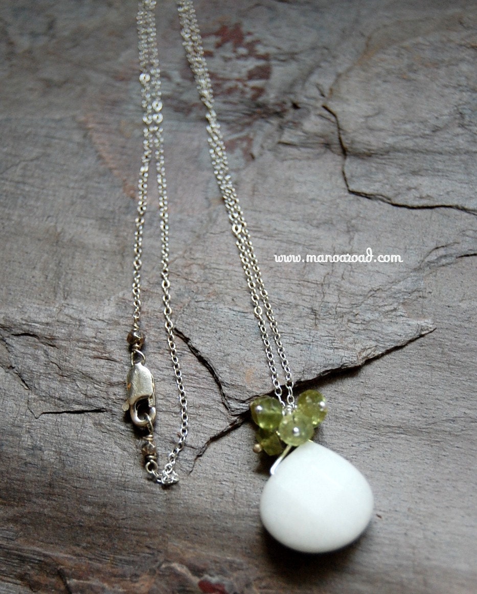 Serenity Necklace - White Jade Briolette Pendant, Green Garnet, Sterling Silver