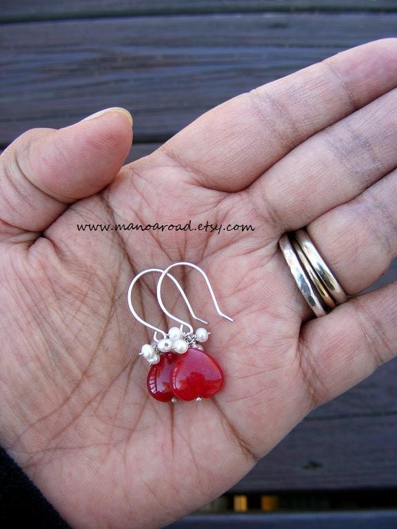 Ruby Red Earrings - Red Jade, White Freshwater Pearls, Sterling Silver