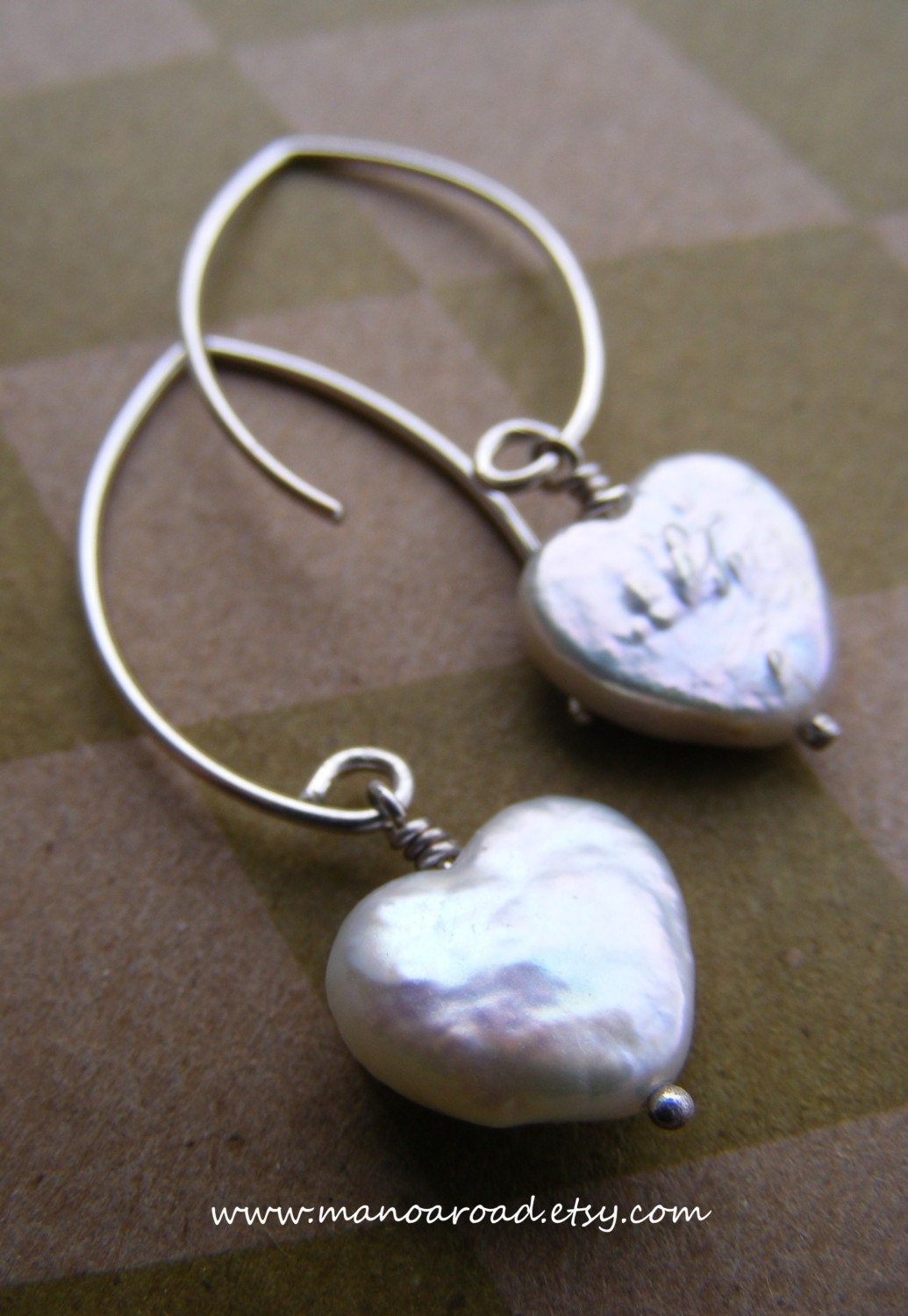 Be Mine Earrings - Freshwater Pearl Hearts, Sterling Silver Wishbone Hoops