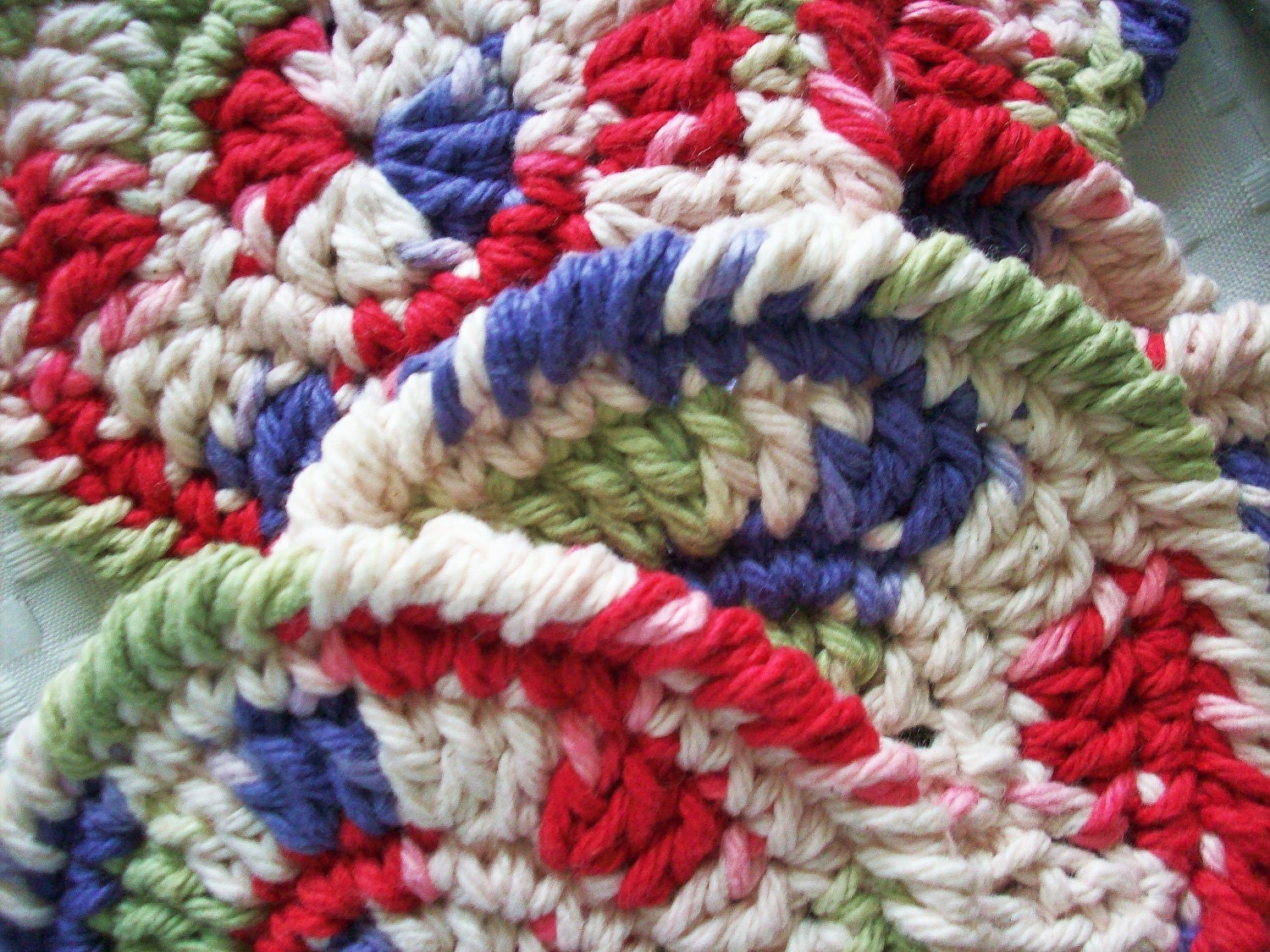 Set of Six Cotton Coasters or Scrubbies in a Coordinating Crocheted Container - Green, White, Red and Purple