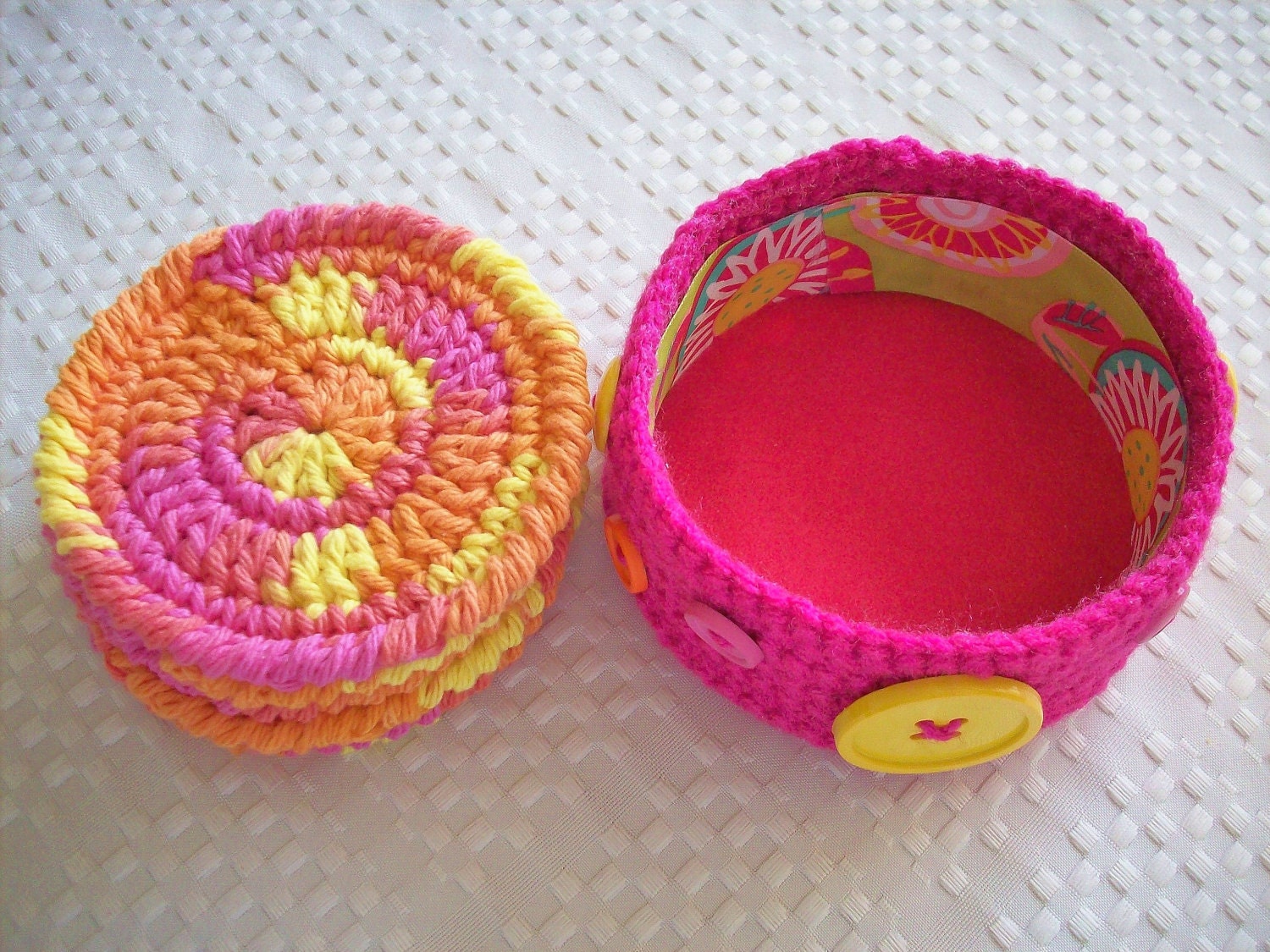 Sale - Save 50 Percent - Set of Six Cotton Coasters, Mug Rugs or Scrubbies in a Coordinating Crocheted Container - Pink, Yellow and Orange